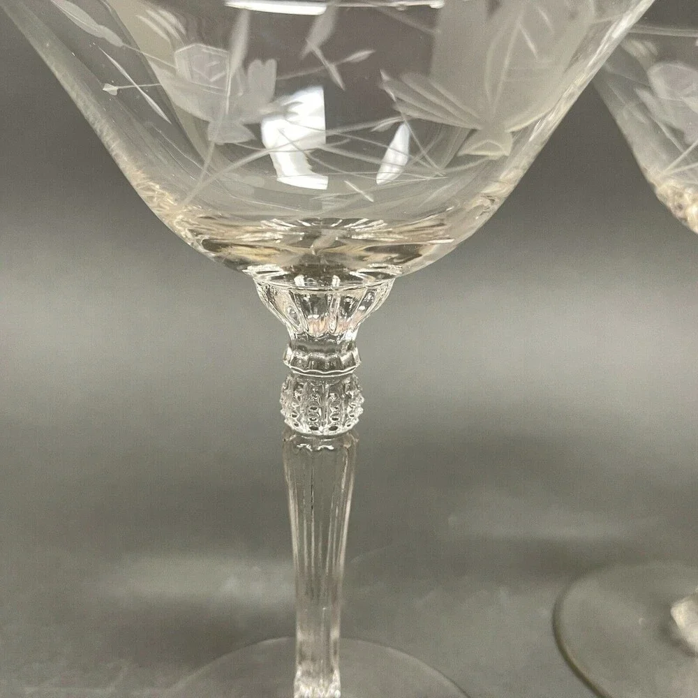 Vintage Wine Glass Glasses Clear Etched Roses Floral 6